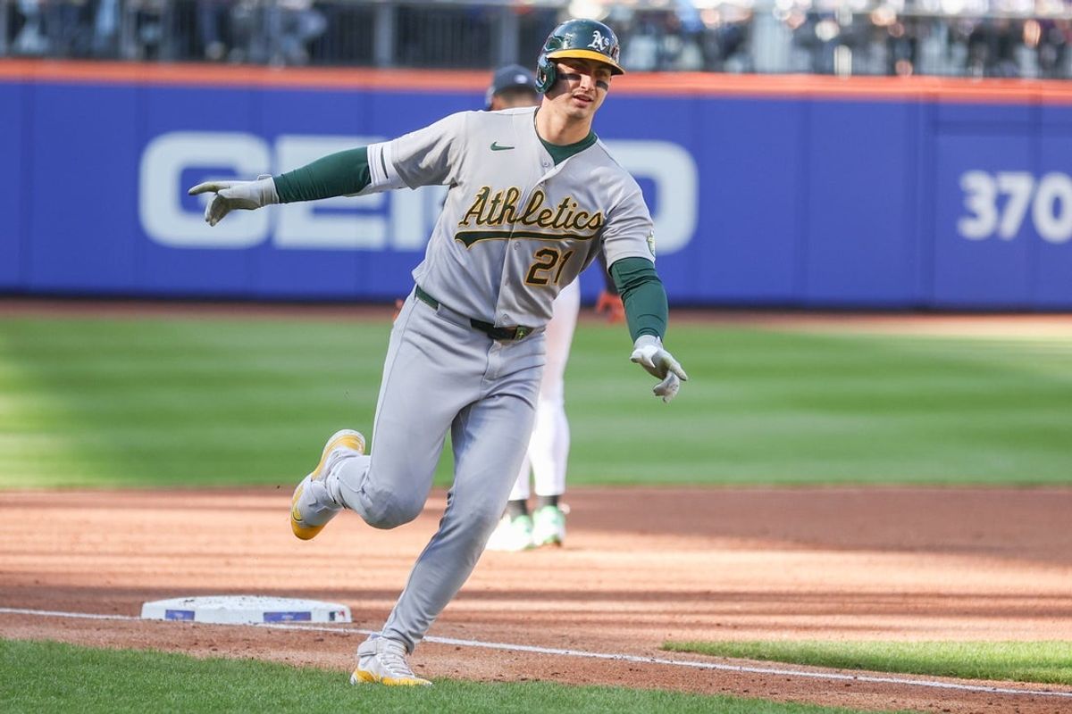 Apr 11, 2026; New York City, New York, USA;  Athletics left fielder Tyler Soderstrom (21) circles third base after hitting a two-run home run in the third inning against the New York Mets at Citi Field. Mandatory Credit: Wendell Cruz-Imagn Images