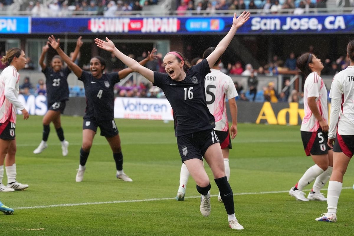 Apr 11, 2026; San Jose, California, USA; United States midfielder Rose Lavelle (16) reacts after scoring a goal against Japan during the first half at PayPal Park. Mandatory Credit: Darren Yamashita-Imagn Images