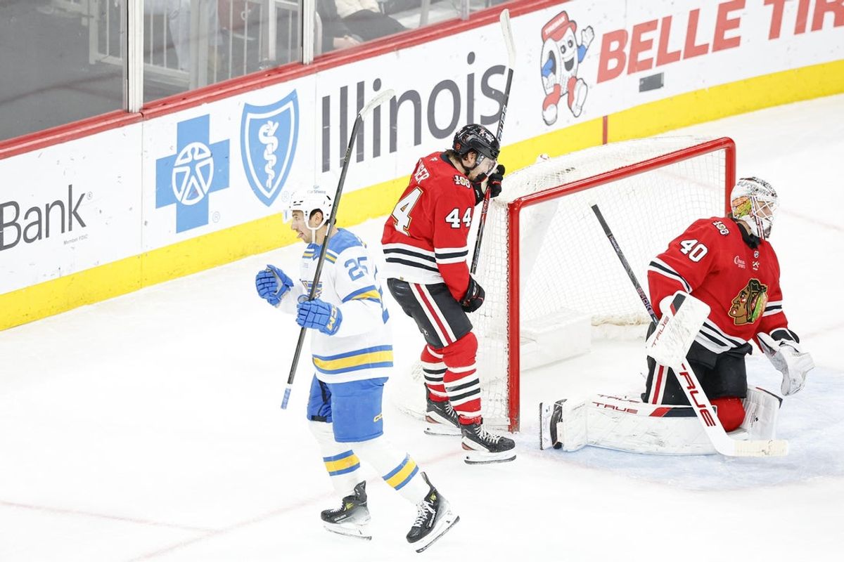 Apr 11, 2026; Chicago, Illinois, USA; St. Louis Blues right wing Jordan Kyrou (25) reacts after scoring against the Chicago Blackhawks during the second period at United Center. Mandatory Credit: Kamil Krzaczynski-Imagn Images