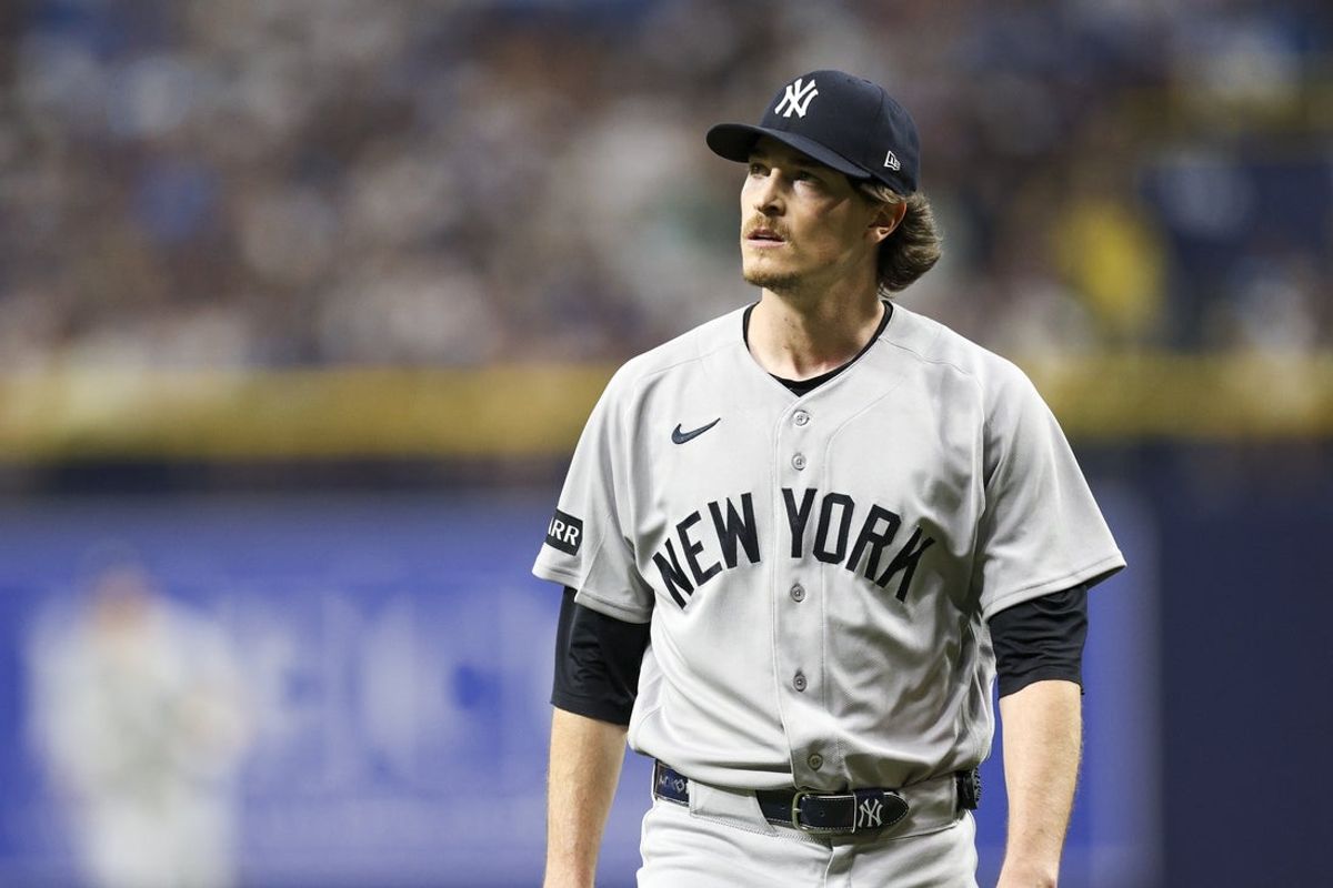 Apr 11, 2026; St. Petersburg, Florida, USA; New York Yankees starting pitcher Max Fried (54) looks on against the Tampa Bay Rays in the sixth inning at Tropicana Field. Mandatory Credit: Nathan Ray Seebeck-Imagn Images