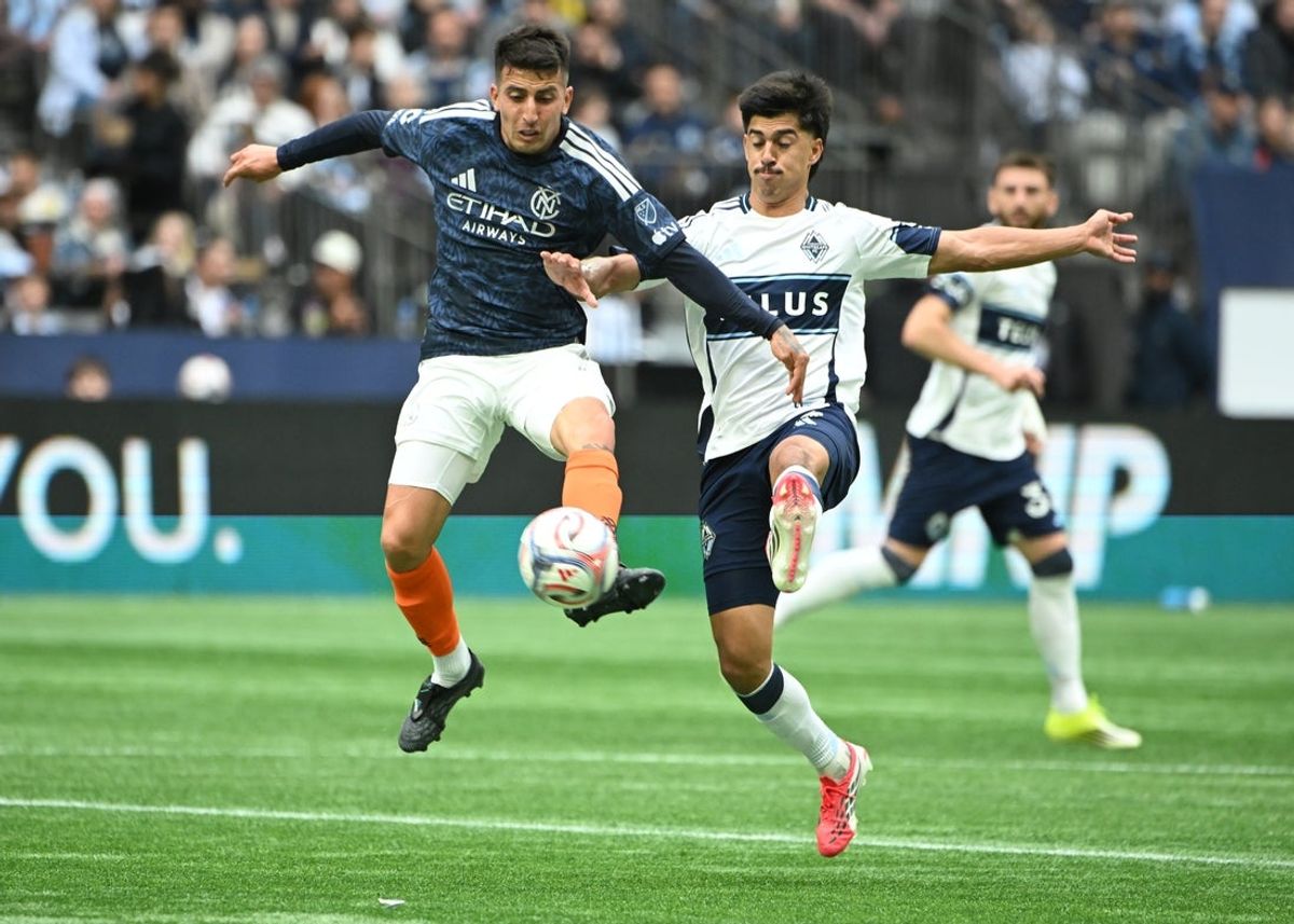 Apr 11, 2026; Vancouver, British Columbia, CAN; Vancouver Whitecaps FC defender Mathias Laborda (2) checks New York City FC midfielder Nicolas Fernandez (7)  during the first half  at BC Place. Mandatory Credit: Simon Fearn-Imagn Images