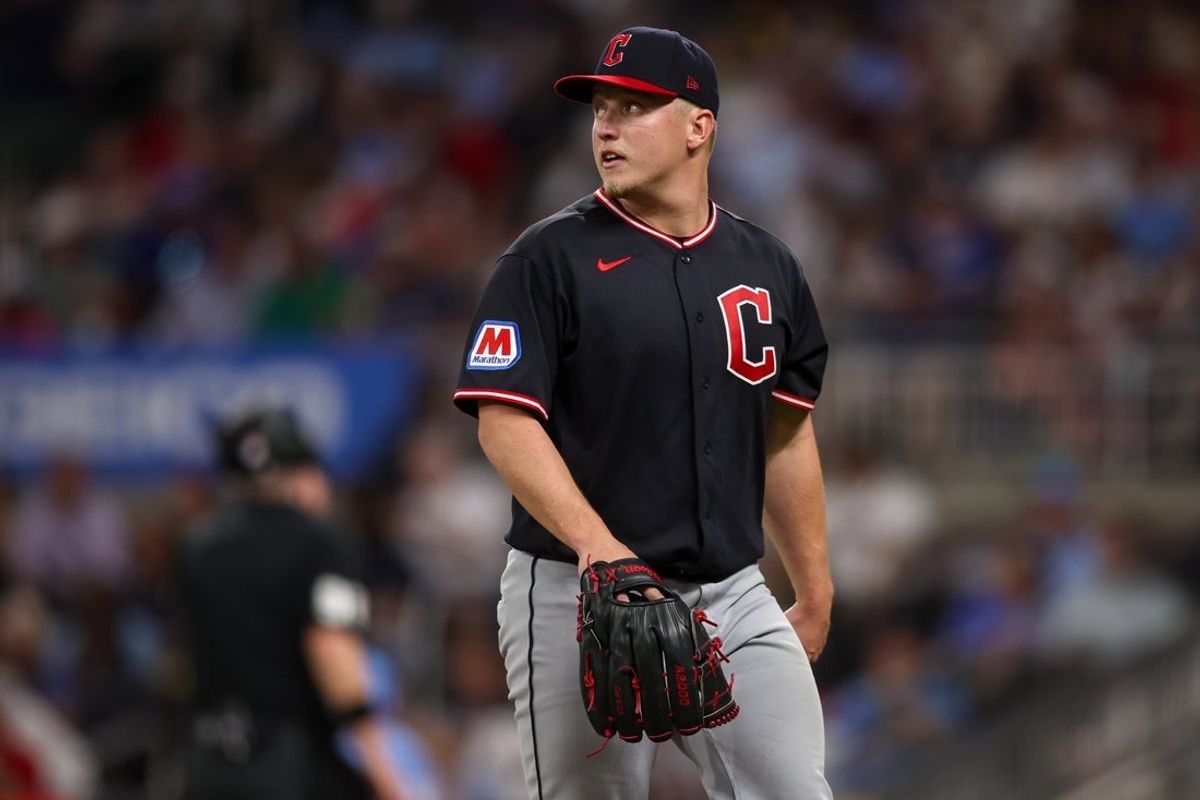 Apr 11, 2026; Atlanta, Georgia, USA; Cleveland Guardians starting pitcher Parker Messick (77) walks off the field against the Atlanta Braves in the sixth inning at Truist Park. Mandatory Credit: Brett Davis-Imagn Images