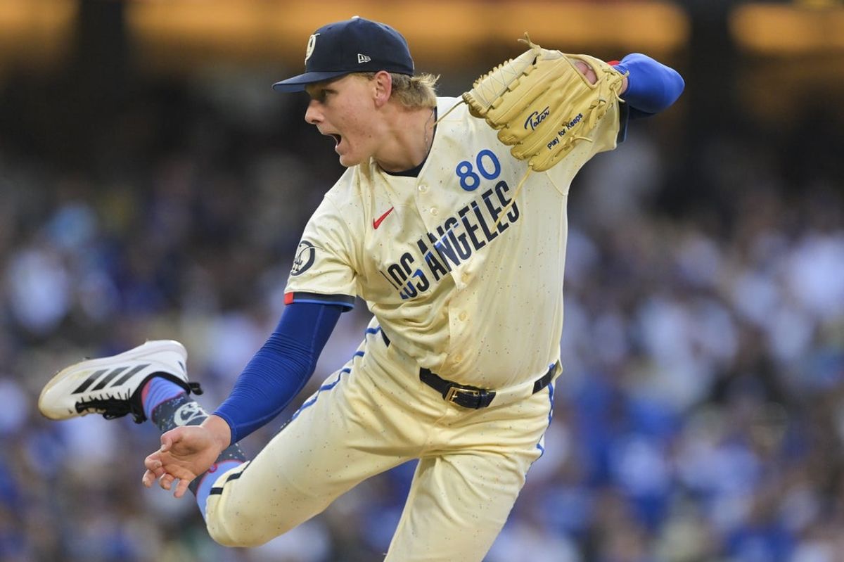 Apr 11, 2026; Los Angeles, California, USA; Los Angeles Dodgers pitcher Emmet Sheehan (80) throws against the Texas Rangers during the third inning at Dodger Stadium. Mandatory Credit: Jayne Kamin-Oncea-Imagn Images