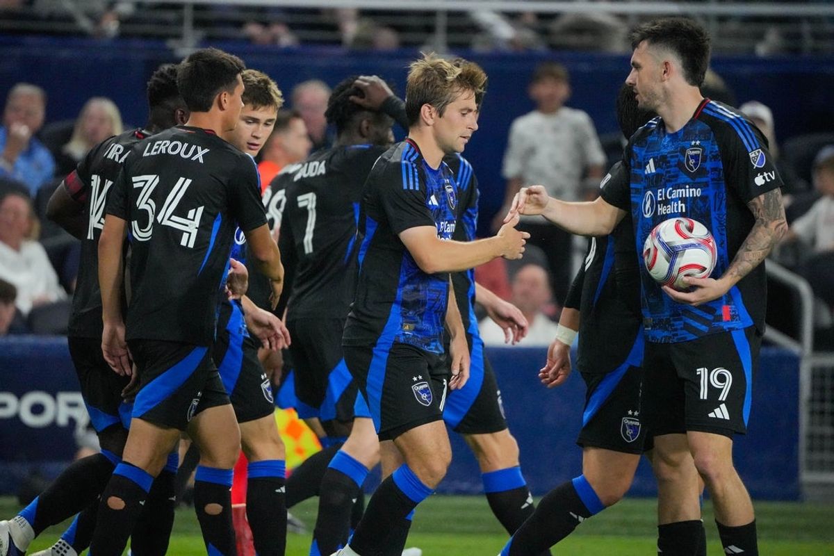 Apr 11, 2026; Kansas City, Kansas, USA; San Jose Earthquakes midfielder Jack Skahan (16) celebrates with team mates after scoring against Sporting Kansas City during the first half of the match at Children's Mercy Park. Mandatory Credit: Denny Medley-Imagn Images