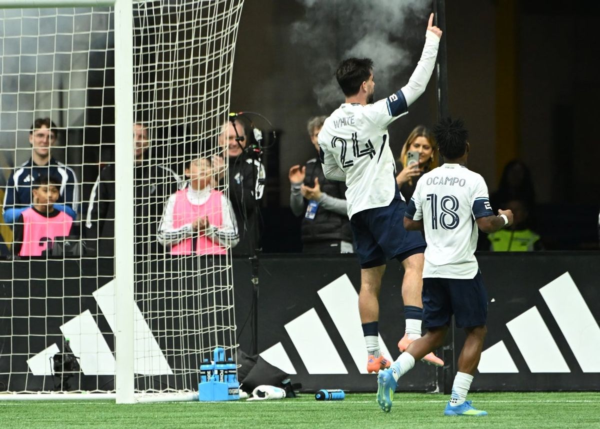 Apr 11, 2026; Vancouver, British Columbia, CAN; Vancouver Whitecaps FC forward Brian White (24) celebrates a goal against the New York City FC during the second half at BC Place. Mandatory Credit: Simon Fearn-Imagn Images