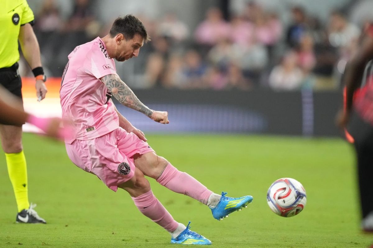 Apr 11, 2026; Miami, Florida, USA;  Inter Miami CF forward Lionel Messi (10) takes a free kick in the second half against the Red Bull New York at Miami Freedom Park. Mandatory Credit: Jim Rassol-Imagn Images