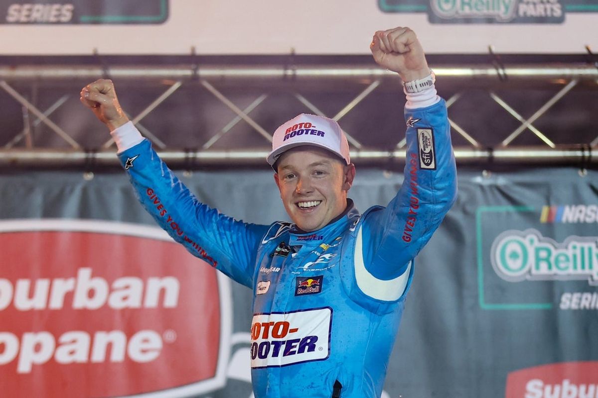 Apr 11, 2026; Bristol, Tennessee, USA; JR Motorsports driver Connor Zilisch (1) celebrates in victory lane after winning at Bristol Motor Speedway. Mandatory Credit: Randy Sartin-Imagn Images