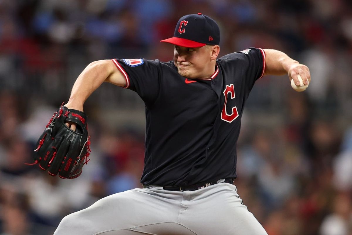 Apr 11, 2026; Atlanta, Georgia, USA; Cleveland Guardians starting pitcher Parker Messick (77) throws against the Atlanta Braves in the seventh inning at Truist Park. Mandatory Credit: Brett Davis-Imagn Images