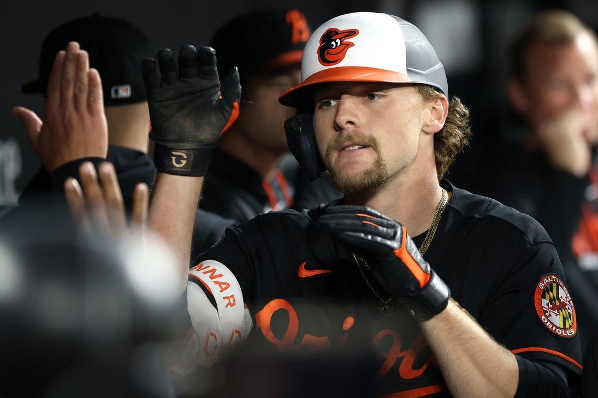 Apr 11, 2026; Baltimore, Maryland, USA; Baltimore Orioles shortstop Gunnar Henderson (2) celebrates after hitting a home run during the third inning against the San Francisco Giants at Oriole Park at Camden Yards. Mandatory Credit: Daniel Kucin Jr.-Imagn Images