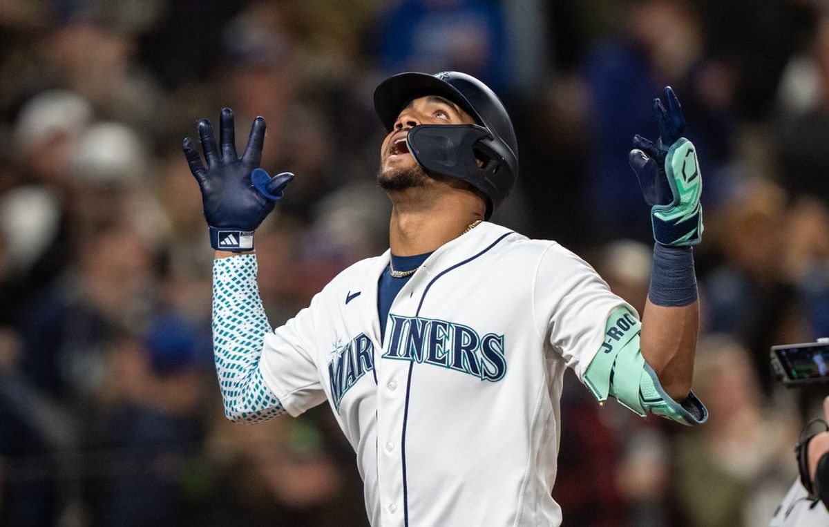 Apr 11, 2026; Seattle, Washington, USA; Seattle Mariners centerfielder Julio Rodríguez (44) celebrates after hitting a two-run home run during the fifth inning against the Houston Astros at T-Mobile Park. Mandatory Credit: Stephen Brashear-Imagn Images