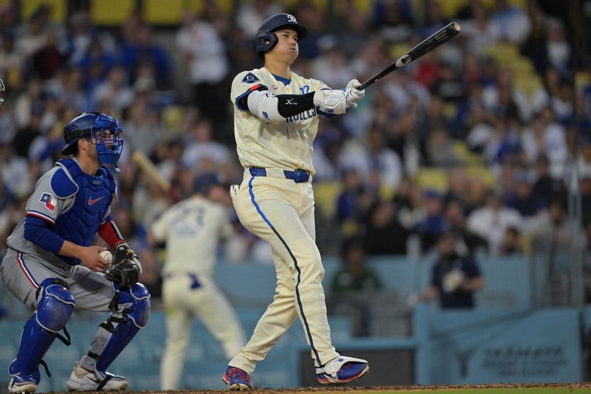 Apr 10, 2026; Los Angeles, California, USA; Los Angeles Dodgers two-way player Shohei Ohtani (17) strikes out in the fourth inning against the Texas Rangers at Dodger Stadium. Mandatory Credit: Jayne Kamin-Oncea-Imagn Images