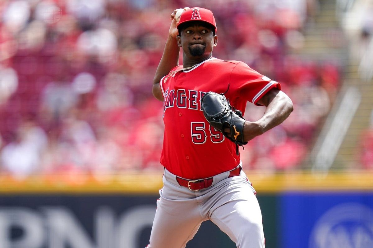 Los Angeles Angels pitcher José Soriano (59) delivers a pitch in the first inning of a MLB game between the Cincinnati Reds and Los Angeles Angels, Sunday, April 12, 2026, at Great American Ball Park in downtown Cincinnati.