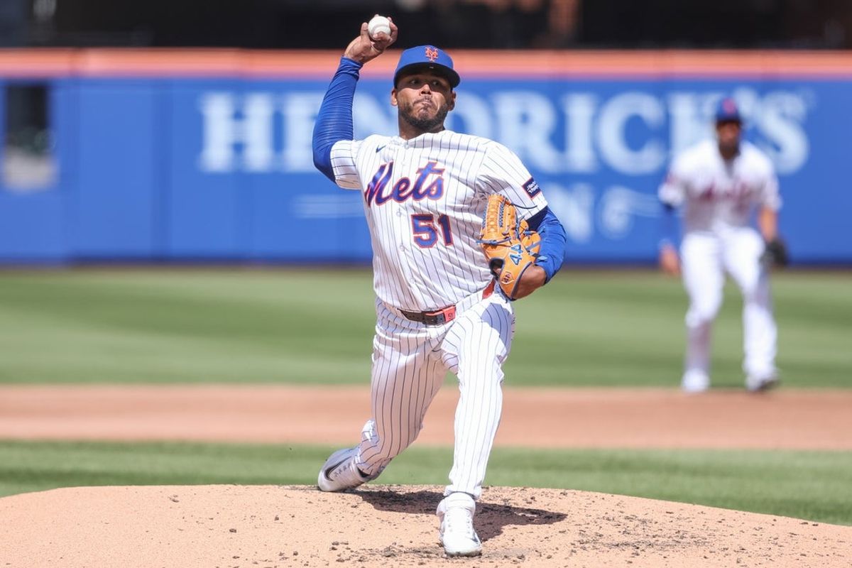 Apr 12, 2026; New York City, New York, USA;  New York Mets starting pitcher Freddy Peralta (51) pitches in the third inning against the Athletics at Citi Field. Mandatory Credit: Wendell Cruz-Imagn Images