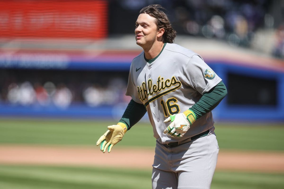Apr 12, 2026; New York City, New York, USA;  Athletics first baseman Nick Kurtz (16) celebrates after hitting a solo home run in the third inning against the New York Mets at Citi Field. Mandatory Credit: Wendell Cruz-Imagn Images