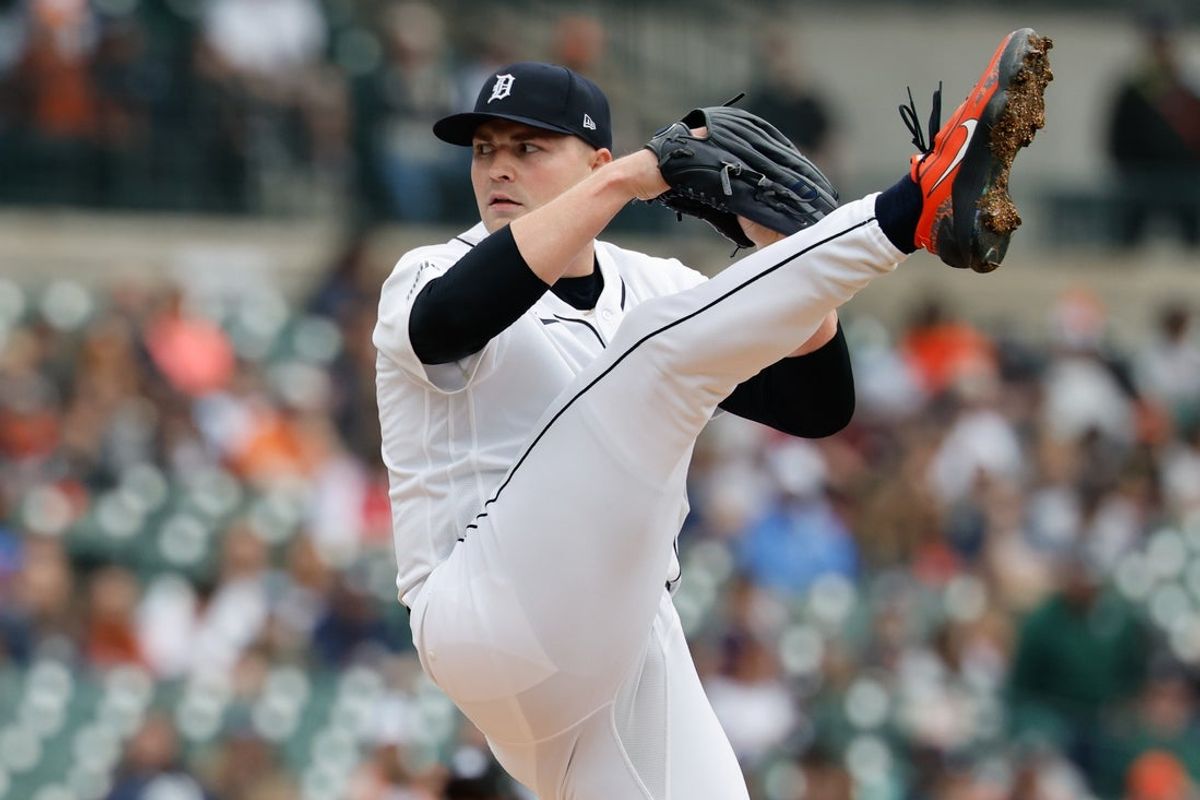 Apr 12, 2026; Detroit, Michigan, USA;  Detroit Tigers pitcher Tarik Skubal (29) pitches in the first inning against the Miami Marlins at Comerica Park. Mandatory Credit: Rick Osentoski-Imagn Images
