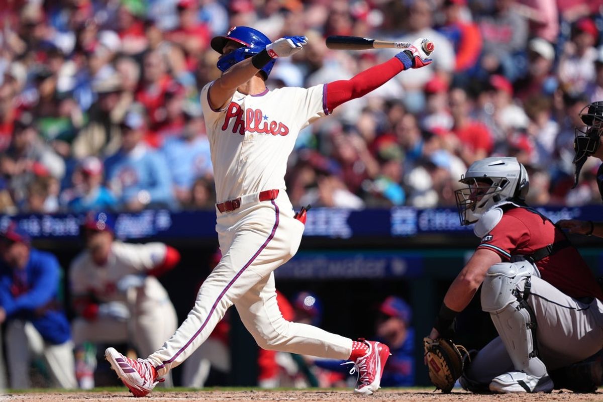 Apr 12, 2026; Philadelphia, Pennsylvania, USA; Philadelphia Phillies infielder Trea Turner (7) hits a two-run home run against the Arizona Diamondbacks in the sixth inning at Citizens Bank Park. Mandatory Credit: Kyle Ross-Imagn Images