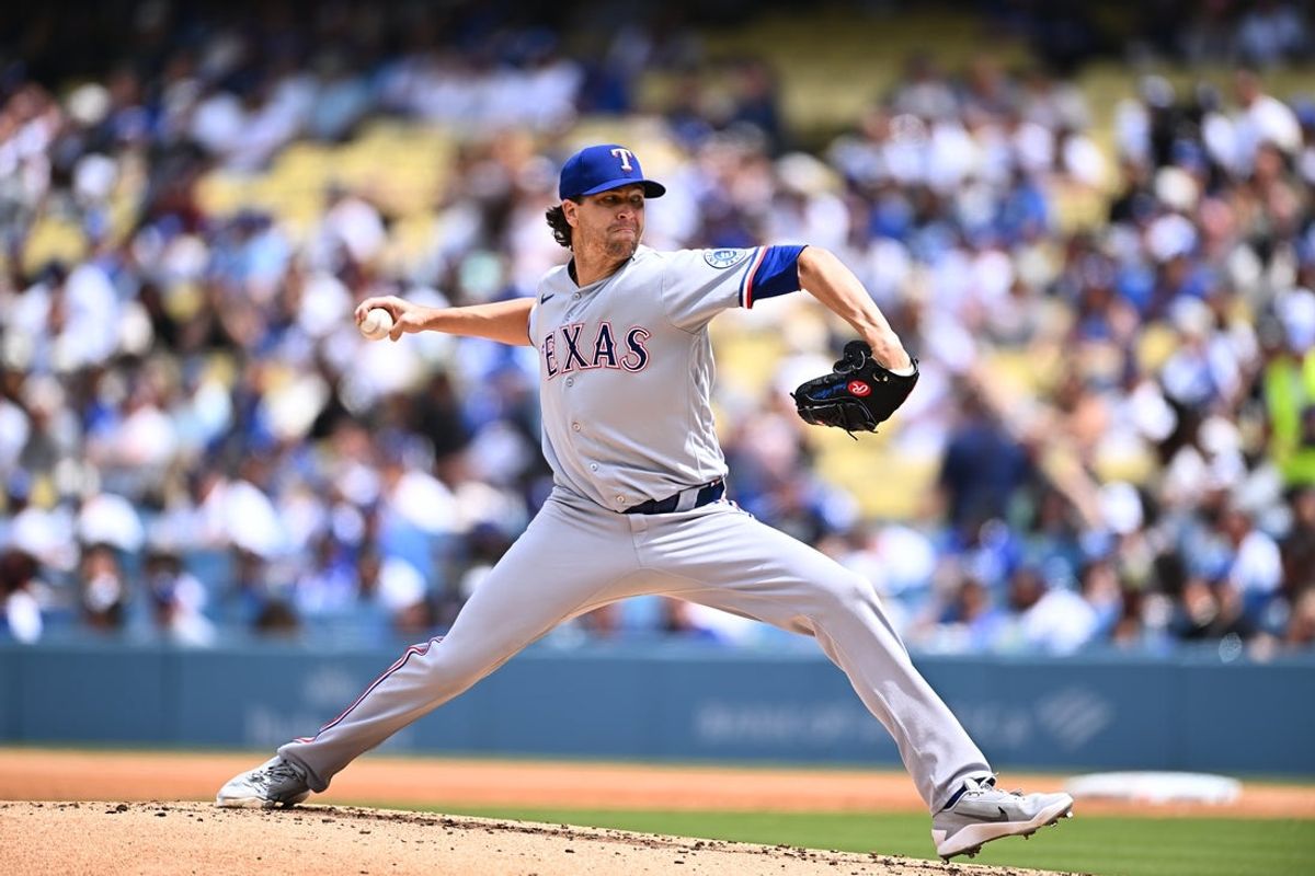 Apr 12, 2026; Los Angeles, California, USA;  Texas Rangers pitcher Jacob Degrom (48) throws a pitch during the second inning against the Los Angeles Dodgers at Dodger Stadium. Mandatory Credit: Jonathan Hui-Imagn Images
