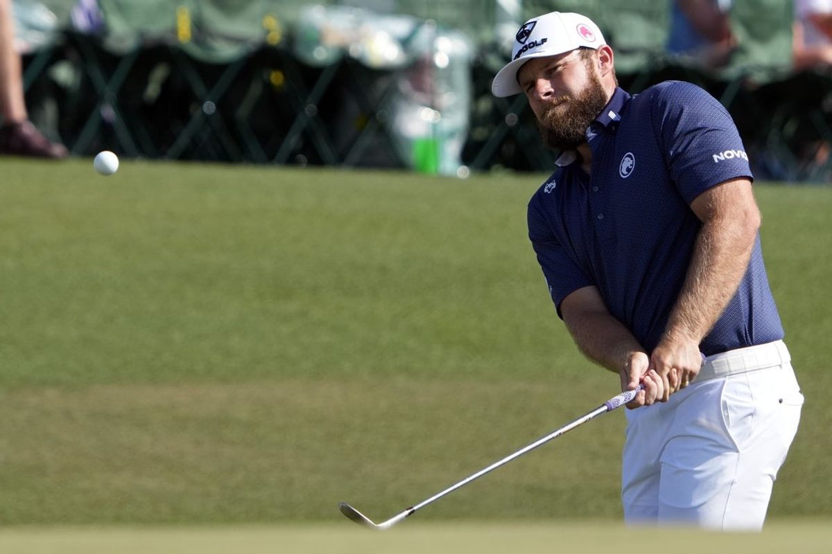 Apr 12, 2026; Augusta, Georgia, USA; Tyrrell Hatton takes a shot on the 18th hole during the final round of the Masters Tournament at Augusta National Golf Club. Mandatory Credit: Kyle Terada-Imagn Images