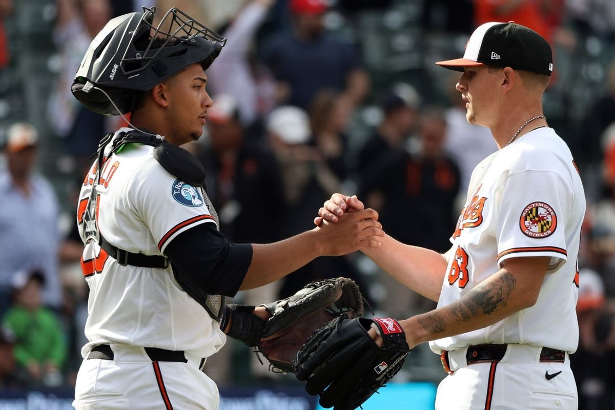 Apr 12, 2026; Baltimore, Maryland, USA; Baltimore Orioles pitcher Tyler Wells (68) celebrates with catcher Samuel Basallo (29) after a game against the San Francisco Giants at Oriole Park at Camden Yards. Mandatory Credit: Daniel Kucin Jr.-Imagn Images