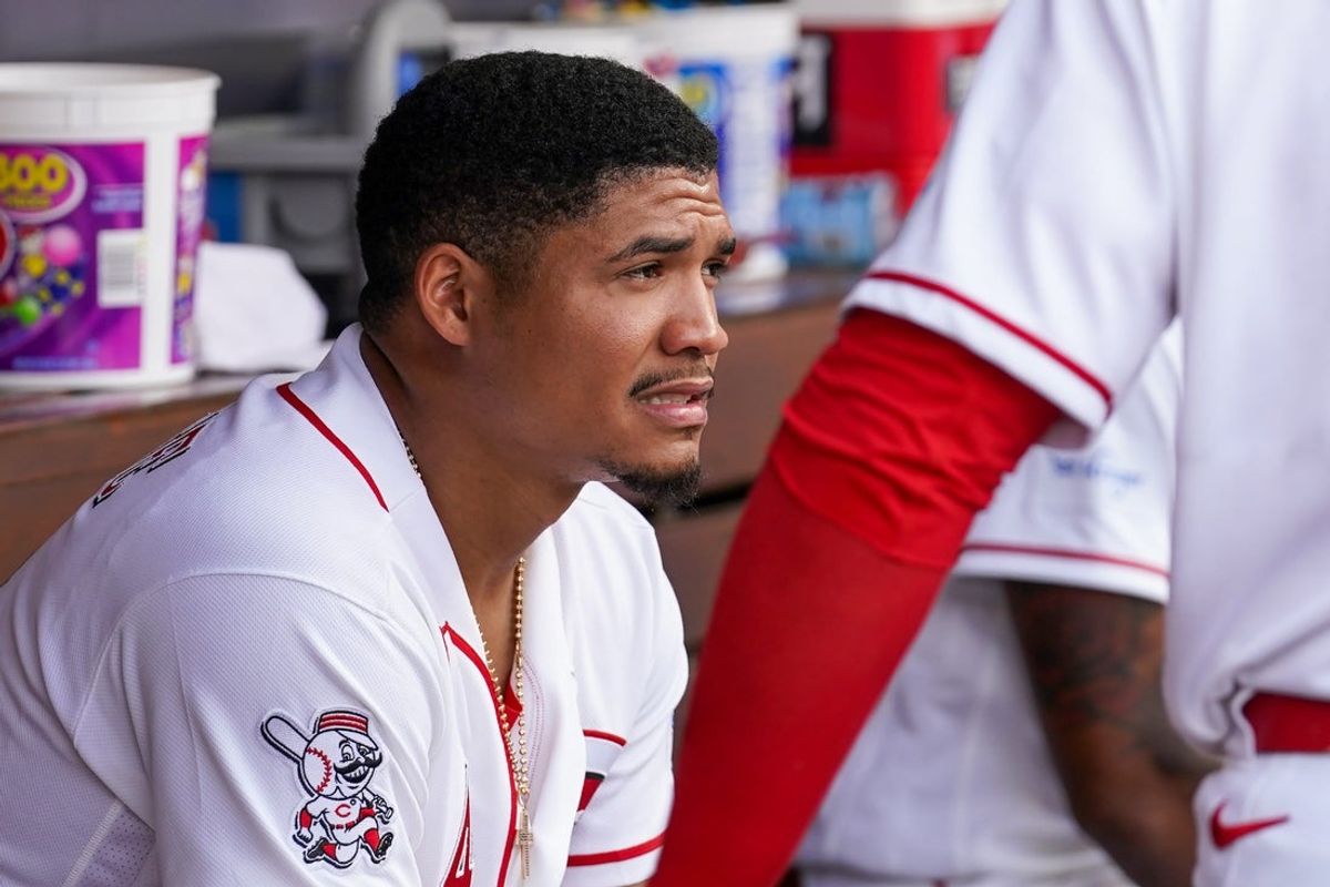Cincinnati Reds right fielder Noelvi Marte (4) reacts to a 9-6 loss against the Los Angeles Angels, Sunday, April 12, 2026, at Great American Ball Park in downtown Cincinnati.