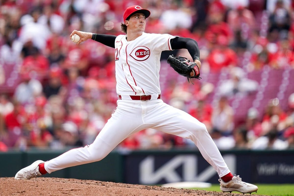 Cincinnati Reds pitcher Kyle Nicolas (62) delves a pitch in the fourth inning of a MLB game between the Cincinnati Reds and Los Angeles Angels, Sunday, April 12, 2026, at Great American Ball Park in downtown Cincinnati.