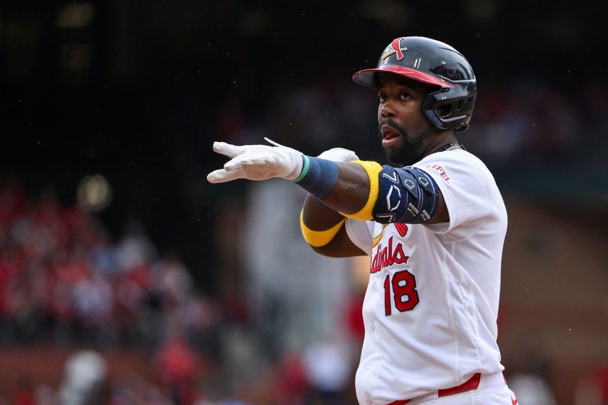 Apr 12, 2026; St. Louis, Missouri, USA; St. Louis Cardinals right fielder Jordan Walker (18) reacts after hitting a single against the Boston Red Sox during the sixth inning at Busch Stadium. Mandatory Credit: Jeff Curry-Imagn Images