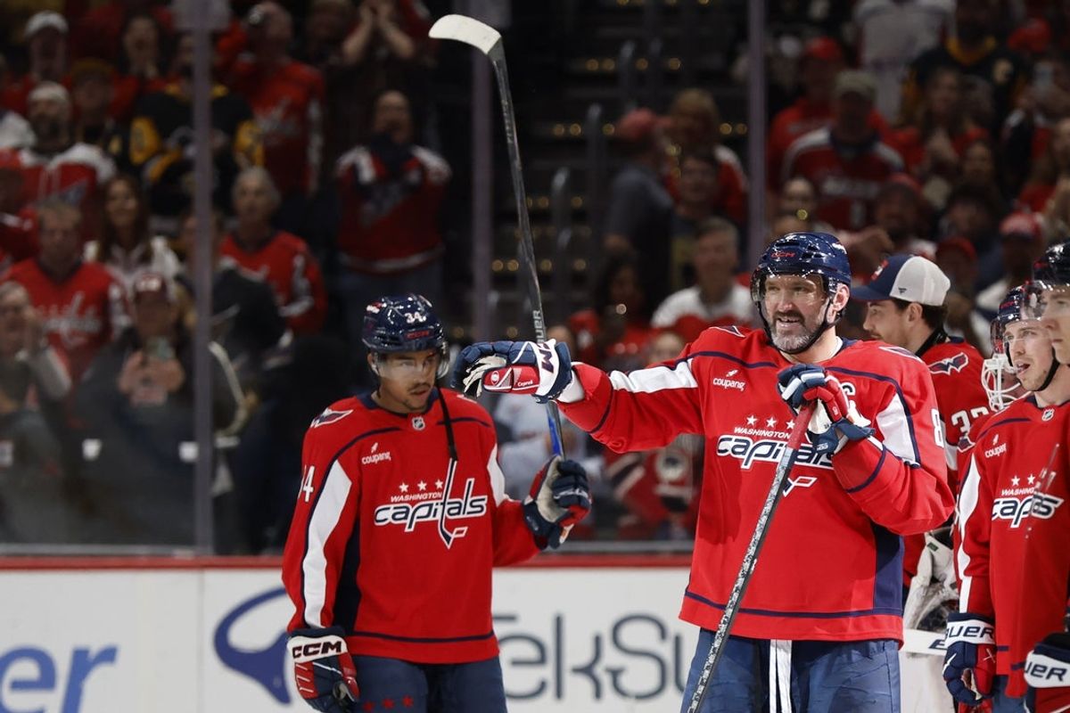 Apr 12, 2026; Washington, District of Columbia, USA; Washington Capitals left wing Alex Ovechkin (8) smiles while waving off a handshake line by the Pittsburgh Penguins after their game at Capital One Arena. Mandatory Credit: Geoff Burke-Imagn Images