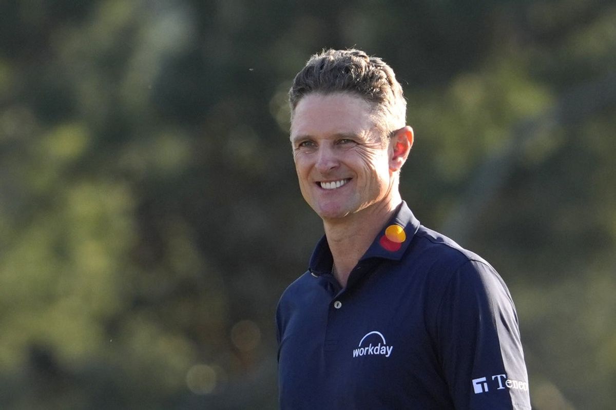 Apr 12, 2026; Augusta, Georgia, USA; Justin Rose reacts after completing the 18th hole during the final round of the Masters Tournament at Augusta National Golf Club. Mandatory Credit: Katie Goodale-Imagn Images