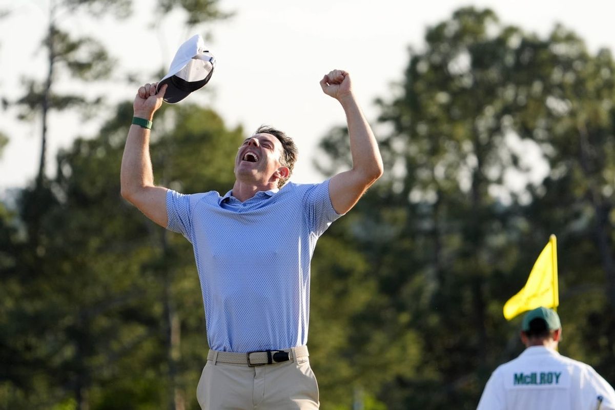 Apr 12, 2026; Augusta, Georgia, USA; Rory McIlroy celebrates after winning the Masters Tournament at Augusta National Golf Club. Mandatory Credit: Katie Goodale-Imagn Images