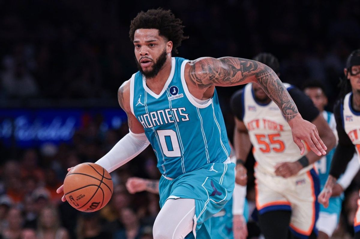 Apr 12, 2026; New York, New York, USA; Charlotte Hornets forward Miles Bridges (0) dribbles up court against the New York Knicks during the first half at Madison Square Garden. Mandatory Credit: Vincent Carchietta-Imagn Images
