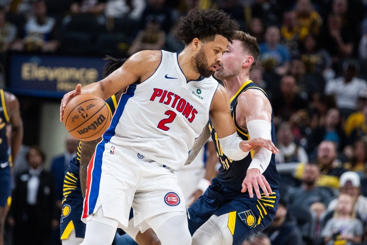 Apr 12, 2026; Indianapolis, Indiana, USA;  Detroit Pistons guard Cade Cunningham (2) dribbles against Indiana Pacers center Micah Potter (11) in the first half at Gainbridge Fieldhouse. Mandatory Credit: Trevor Ruszkowski-Imagn Images