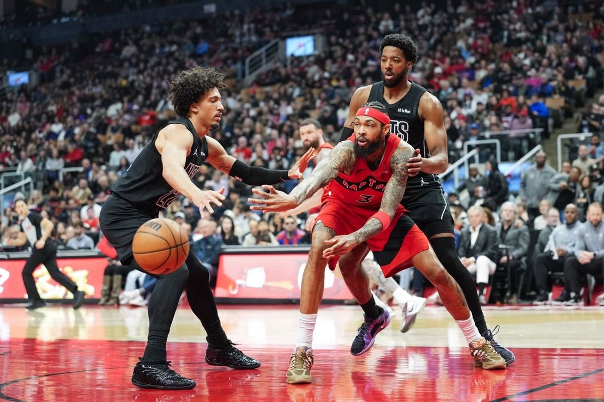 Apr 12, 2026; Toronto, Ontario, CAN; Toronto Raptors Brandon Ingram (3) passes against the Brooklyn Nets during the first half at Scotiabank Arena. Mandatory Credit: Kevin Sousa-Imagn Images