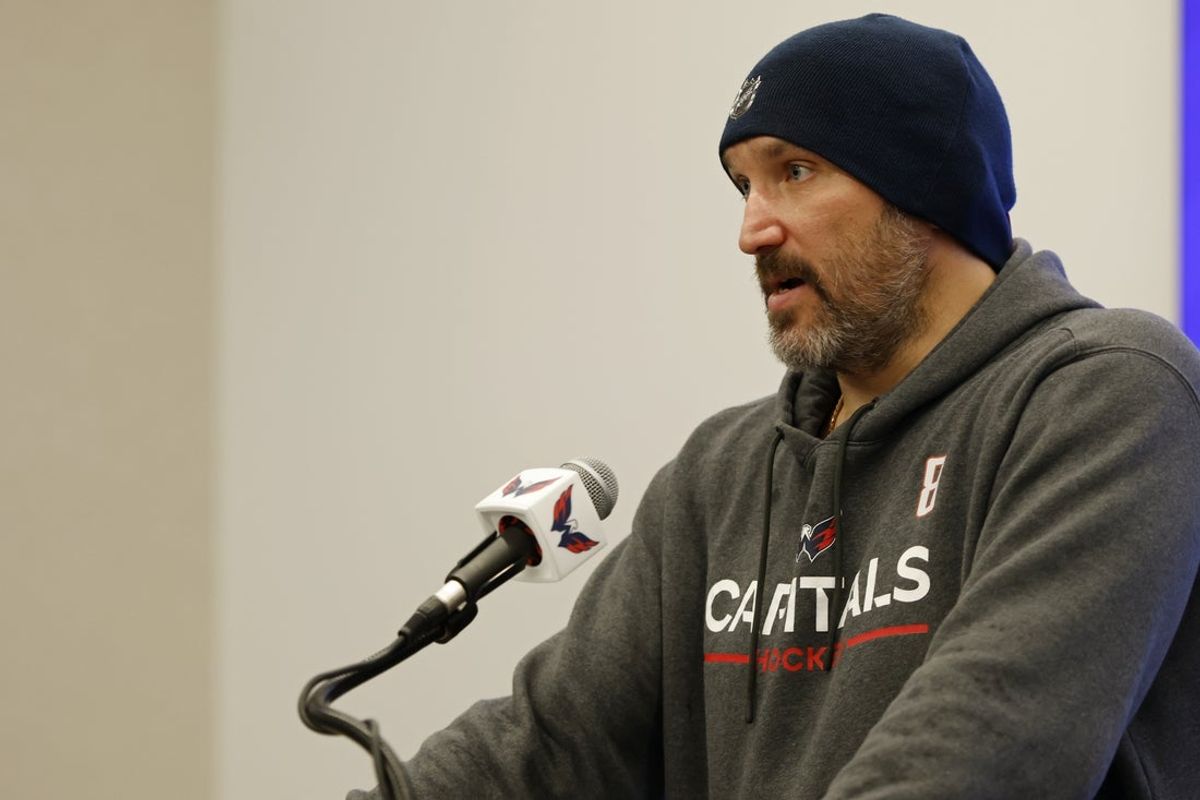 Apr 12, 2026; Washington, District of Columbia, USA; Washington Capitals left wing Alex Ovechkin speaks with the media after the Capitals' game against the Pittsburgh Penguins at Capital One Arena. Mandatory Credit: Geoff Burke-Imagn Images