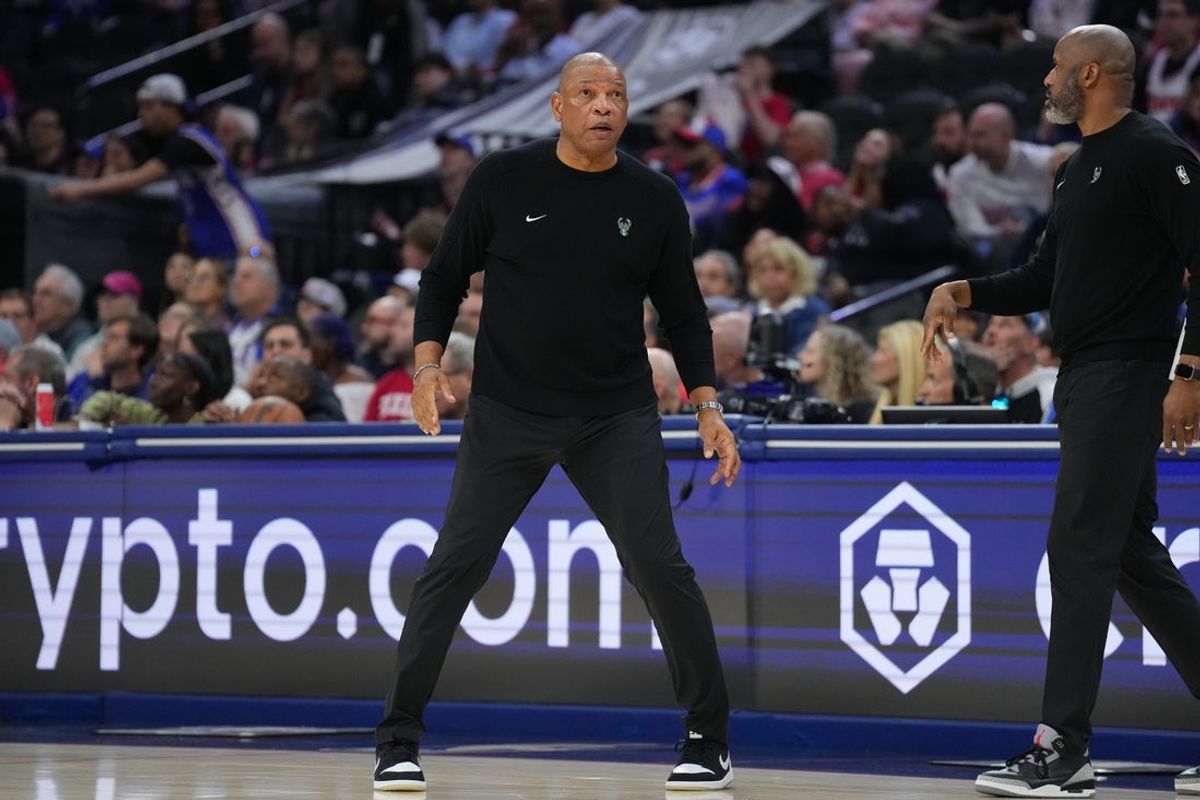 Apr 12, 2026; Philadelphia, Pennsylvania, USA; Milwaukee Bucks head coach Doc Rivers reacts against the Philadelphia 76ers in the second quarter at Xfinity Mobile Arena. Mandatory Credit: Kyle Ross-Imagn Images