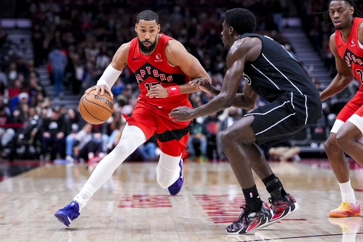 Apr 12, 2026; Toronto, Ontario, CAN; Toronto Raptors guard Garrett Temple (17) dribbles against the Brooklyn Nets during the second half at Scotiabank Arena. Mandatory Credit: Kevin Sousa-Imagn Images