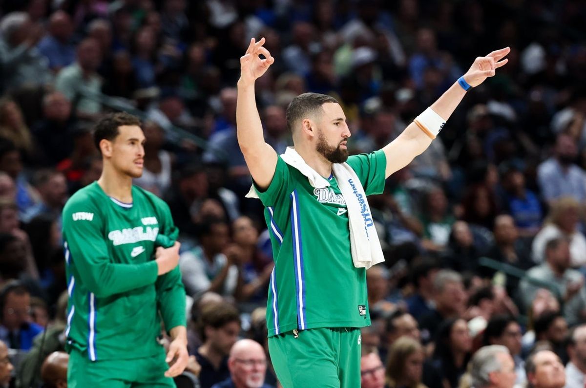 Apr 12, 2026; Dallas, Texas, USA;  Dallas Mavericks guard Klay Thompson (31) reacts against the Chicago Bulls during the first half at American Airlines Center. Mandatory Credit: Kevin Jairaj-Imagn Images