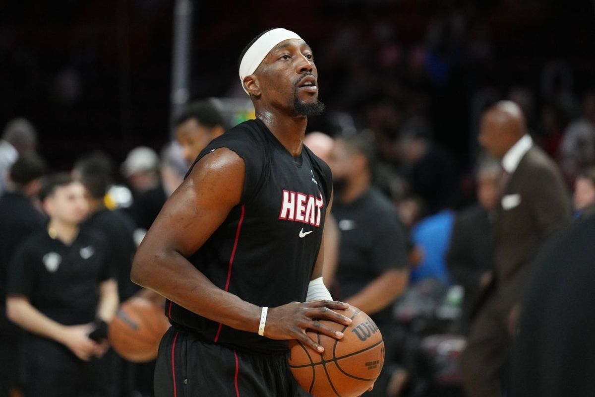 Apr 12, 2026; Miami, Florida, USA; Miami Heat center Bam Adebayo (13) warms-up before a game against the Atlanta Hawks at Kaseya Center. Mandatory Credit: Jim Rassol-Imagn Images