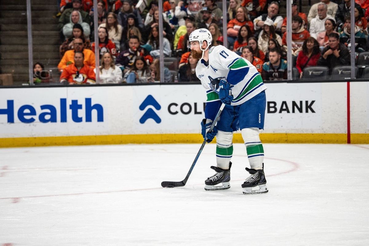 Apr 12, 2026; Anaheim, California, USA; Vancouver Canucks defenseman Filip Hronek (17) during the second period against the Anaheim Ducks at Honda Center. Mandatory Credit: Corinne Votaw-Imagn Images