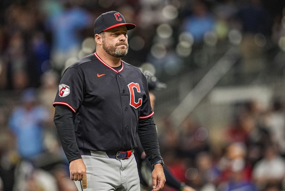 Apr 12, 2026; Cumberland, Georgia, USA; Cleveland Guardians manager Stephen Vogt (12) on the field making a pitching change against the Atlanta Braves during the ninth inning at Truist Park. Mandatory Credit: Dale Zanine-Imagn Images