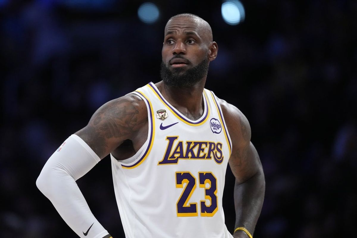 Apr 12, 2026; Los Angeles, California; Los Angeles Lakers forward LeBron James (23) reacts in the first half against the Utah Jazz at Crypto.com Arena. Mandatory Credit: Kirby Lee-Imagn Images