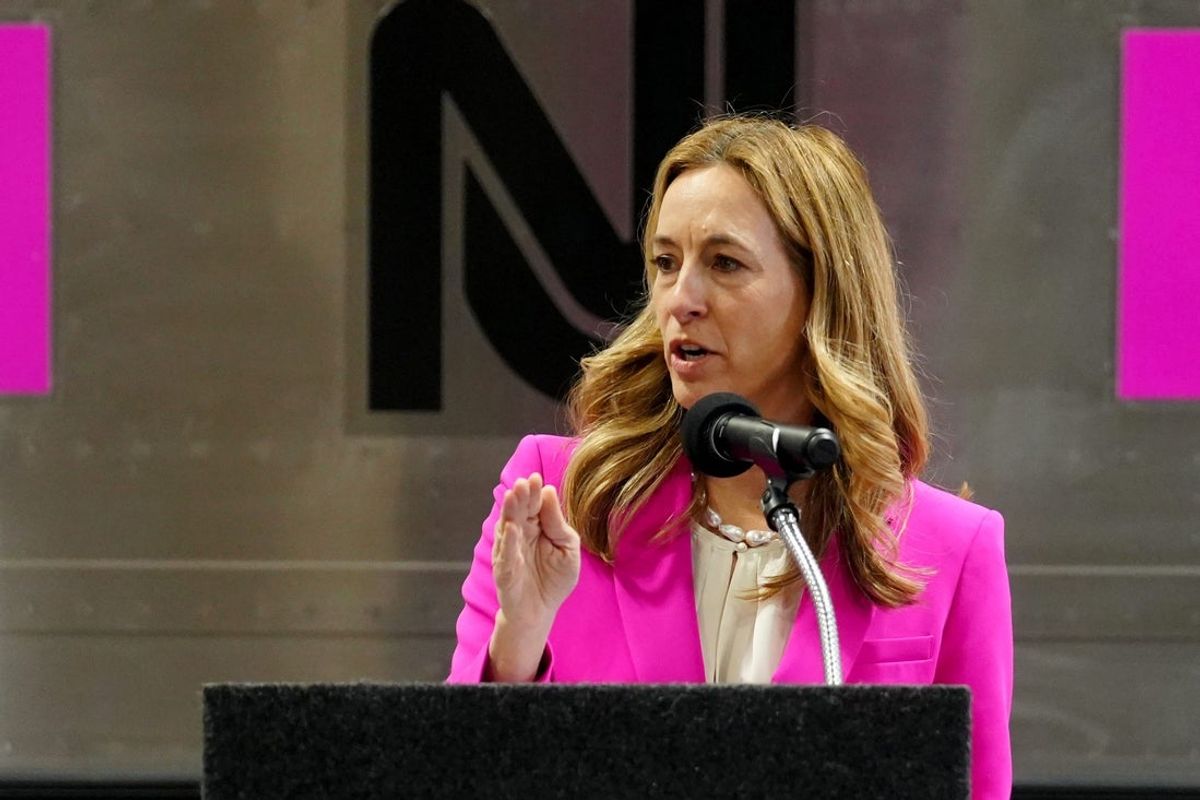 New Jersey Governor, Mikie,Sherrill, speaks at a press conference in front of a new Multilevel III rail car, Monday, April 13, 2026, in Kearny.