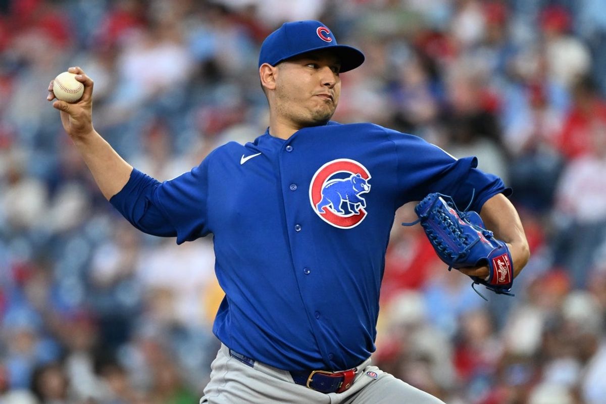 Apr 13, 2026; Philadelphia, Pennsylvania, USA; Chicago Cubs pitcher Javier Assad (72) throws a pitch against the Philadelphia Phillies during the first inning at Citizens Bank Park. Mandatory Credit: Eric Hartline-Imagn Images