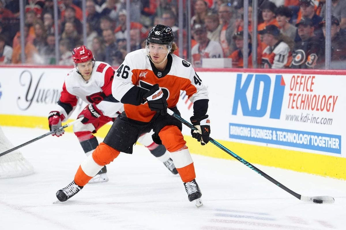 Apr 13, 2026; Philadelphia, Pennsylvania, USA; Philadelphia Flyers center Trevor Zegras (46) controls the puck against the Carolina Hurricanes in the first period at Xfinity Mobile Arena. Mandatory Credit: Kyle Ross-Imagn Images