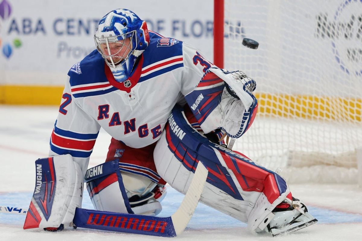 Apr 13, 2026; Sunrise, Florida, USA; New York Rangers goaltender Jonathan Quick (32) cannot make a save against a shot on goal scored by Florida Panthers right wing MacKie Samoskevich (not pictured) during the first period at Amerant Bank Arena. Mandatory Credit: Sam Navarro-Imagn Images