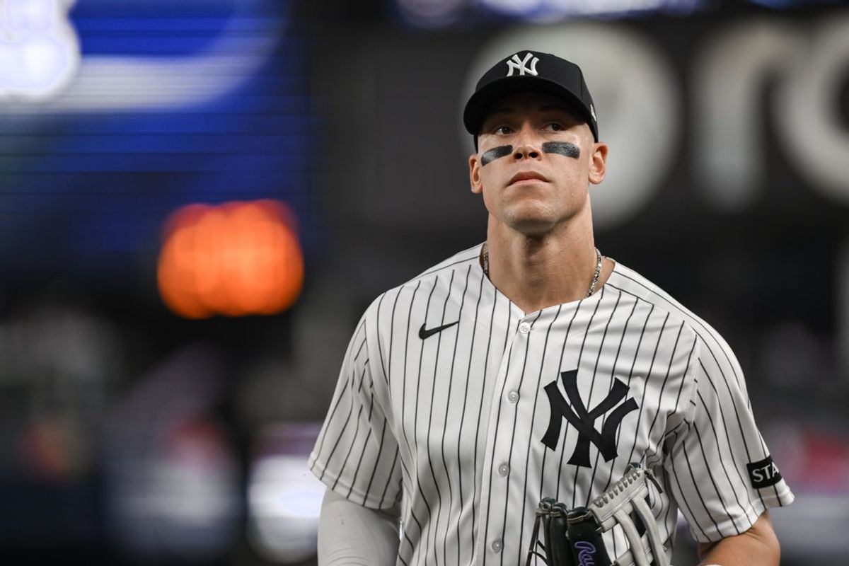 Apr 13, 2026; Bronx, New York, USA; New York Yankees right fielder Aaron Judge (99) jogs to the dugout after the top of the second inning against the Los Angeles Angels at Yankee Stadium. Mandatory Credit: John Jones-Imagn Images