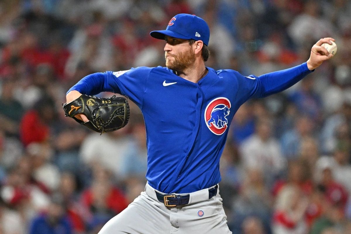 Apr 13, 2026; Philadelphia, Pennsylvania, USA; Chicago Cubs relief pitcher Charlie Barnes (58) throws a pitch during the sixth inning against the Philadelphia Phillies at Citizens Bank Park. Mandatory Credit: Eric Hartline-Imagn Images