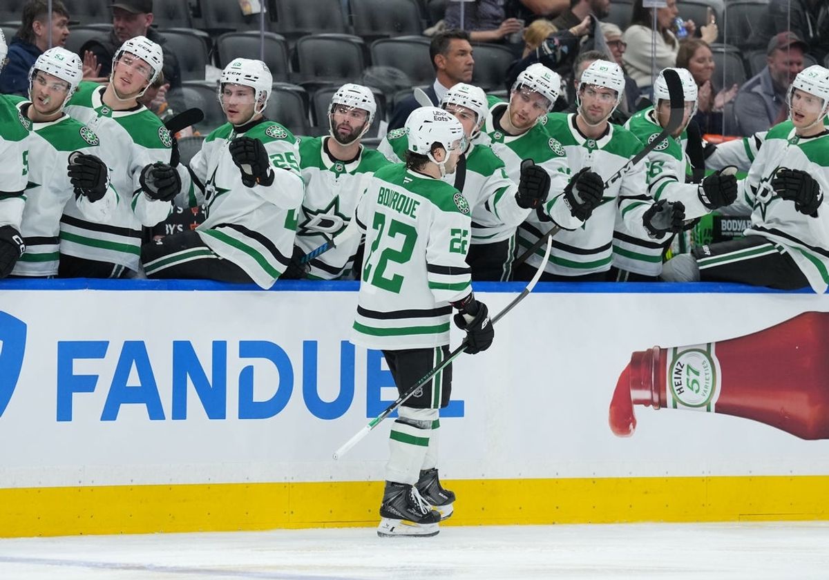 Apr 13, 2026; Toronto, Ontario, CAN; Dallas Stars center Mavrik Bourque (22) celebrates at the bench after scoring a goal against the Toronto Maple Leafs during the second period at Scotiabank Arena. Mandatory Credit: Nick Turchiaro-Imagn Images