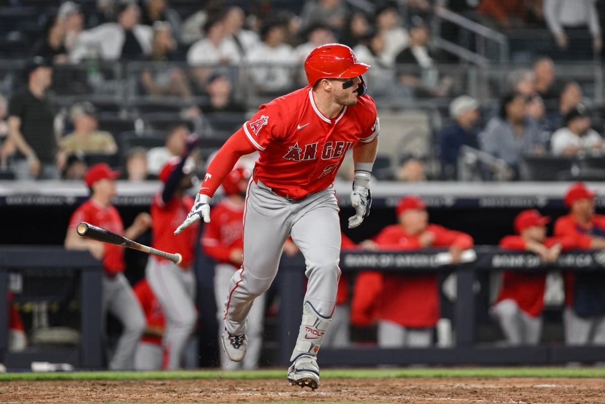 Apr 13, 2026; Bronx, New York, USA; Los Angeles Angels right fielder Mike Trout (27) reacts after hitting a three run home run against the New York Yankees during the sixth inning at Yankee Stadium. Mandatory Credit: John Jones-Imagn Images