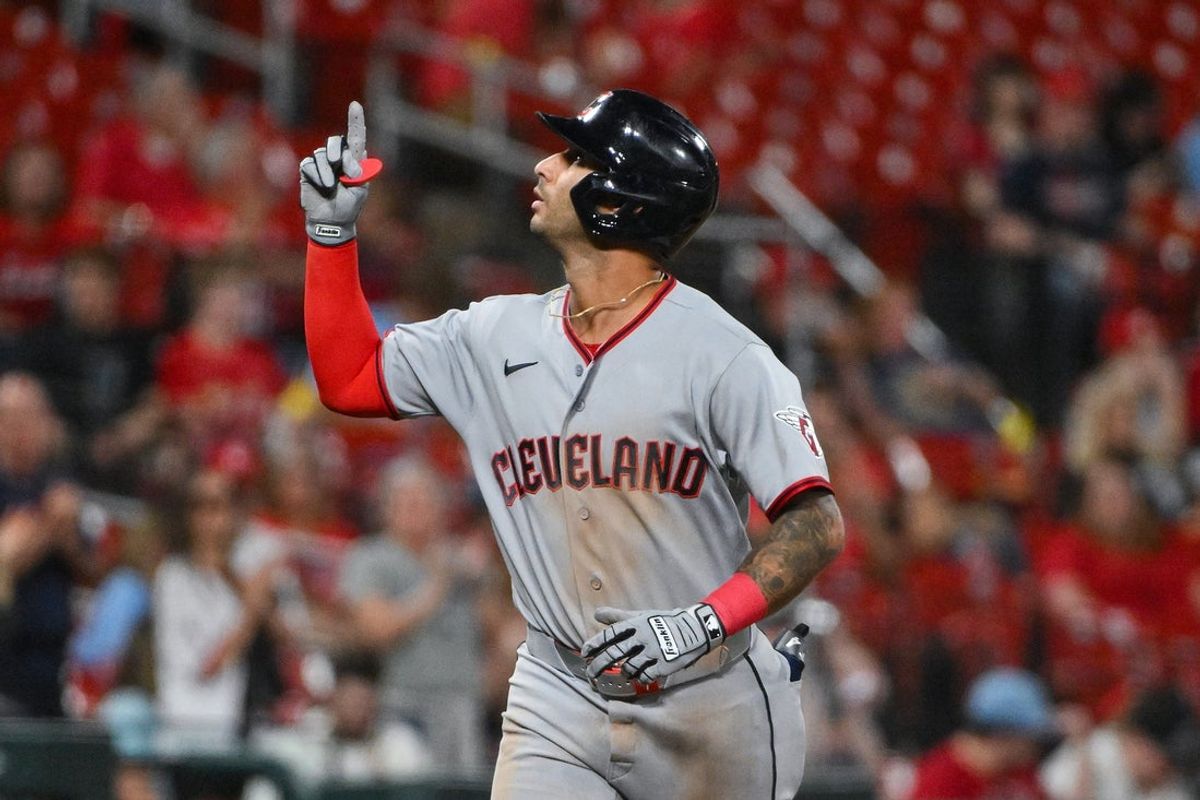 Apr 13, 2026; St. Louis, Missouri, USA; Cleveland Guardians shortstop Brayan Rocchio (4) reacts after hitting a two run home run against the St. Louis Cardinals during the sixth inning at Busch Stadium. Mandatory Credit: Jeff Curry-Imagn Images