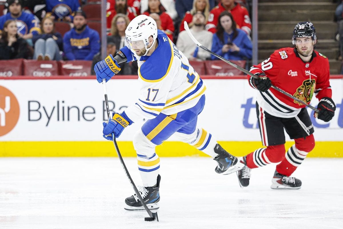 Apr 13, 2026; Chicago, Illinois, USA; Buffalo Sabres left wing Jason Zucker (17) shoots the puck against the Chicago Blackhawks during the second period at United Center. Mandatory Credit: Kamil Krzaczynski-Imagn Images